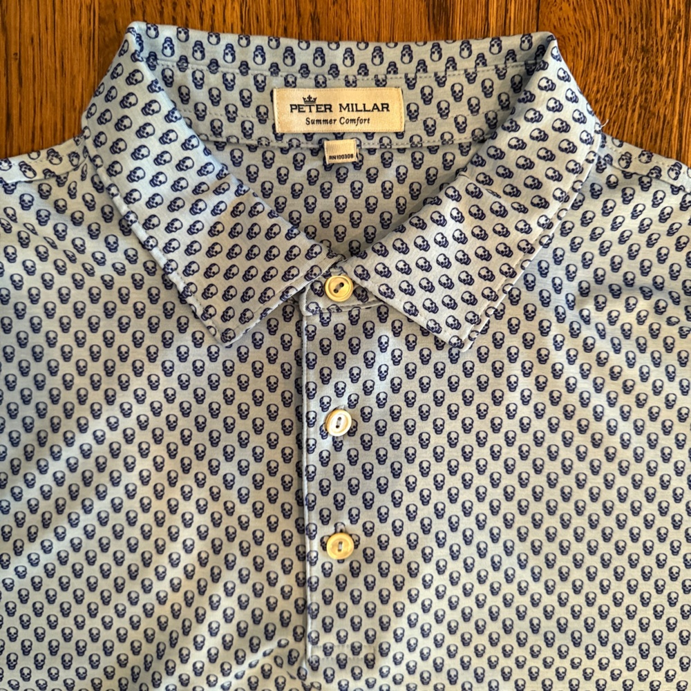 Peter Millar Blue  summer comfort golf polo size L skull pattern